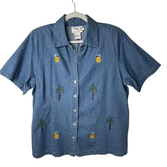 Vintage Denim Shirt Pineapple Palm Tree‎ Embroidery Hawaiian Size L - Picture 1 of 13